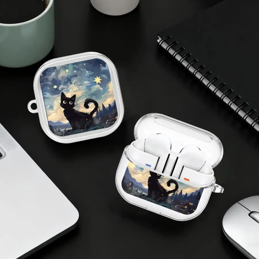 Case For Samsung Galaxy Buds 2Pro 4 Pro 3Pro Live 3 FE 2 4Pro Clear Earphone Cases Cover With Hook Catoon Cute Kitty