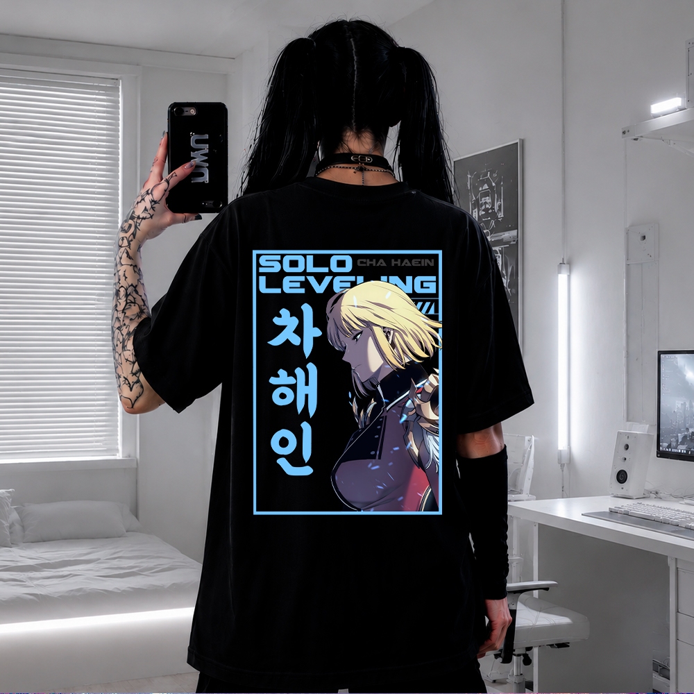 Camiseta Anime  Oversized Solo Leveling Cha Hae-in Algodão Premium Estampa Streetwear/Academia/Casual