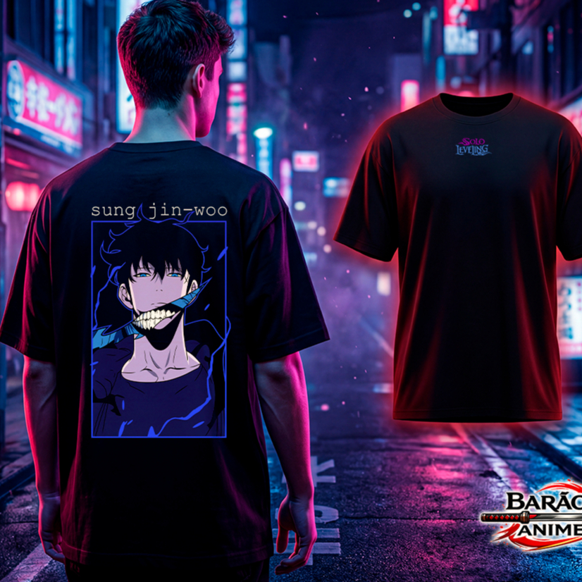 Camiseta Anime Solo Leveling Jin Woo Oversized Premium Streetwear Academia Casual