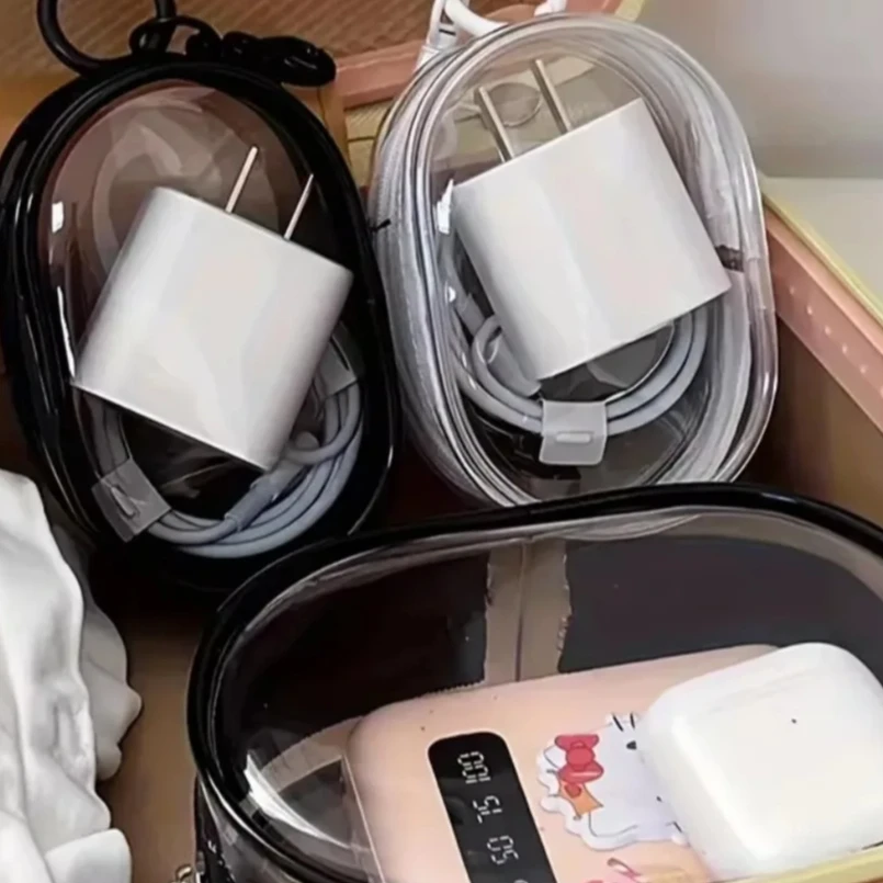 Portable Mini Transparent Storage Bag with Zipper Multifunctional Headphone and Charger Case Travel Accessories with Keychain