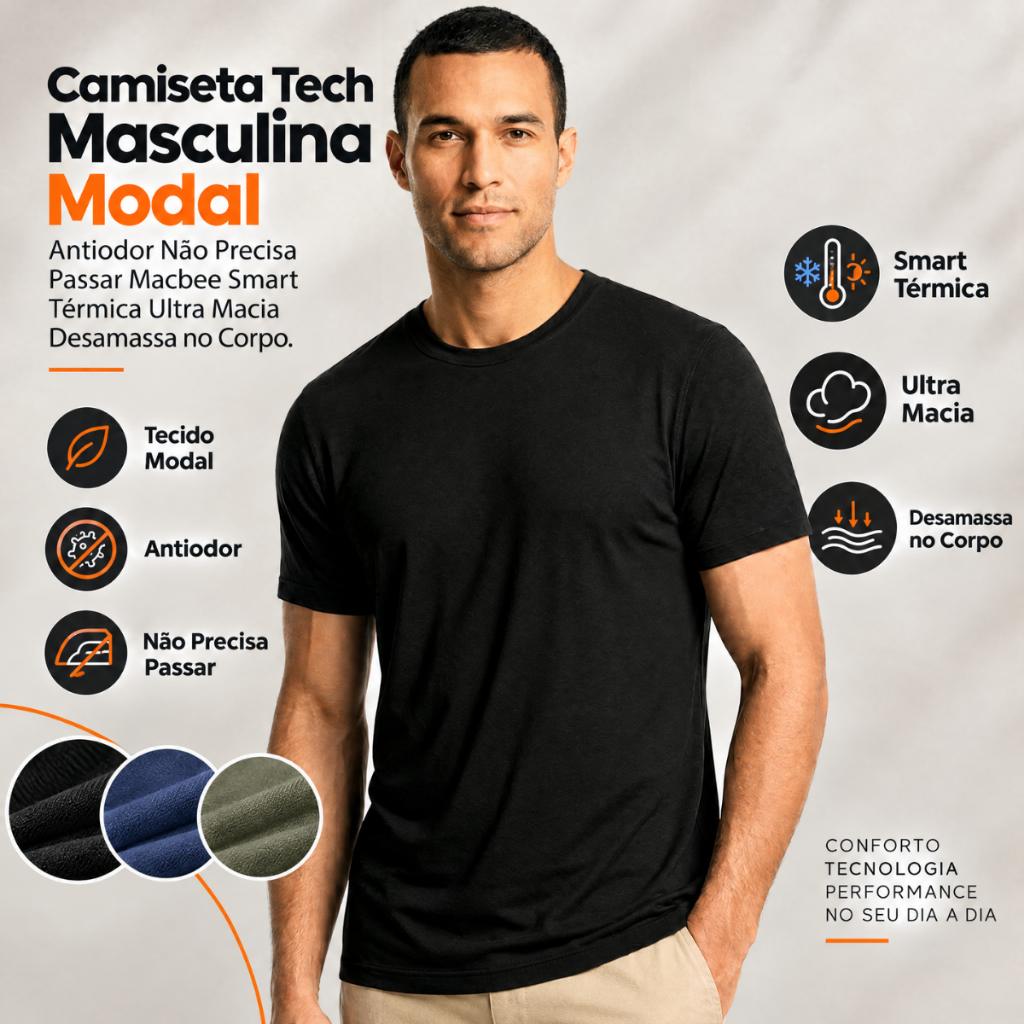 Camiseta Tech Masculina Modal Antiodor Não Precisa Passar Macbee Smart Térmica Ultra Macia Desamassa no Corpo
