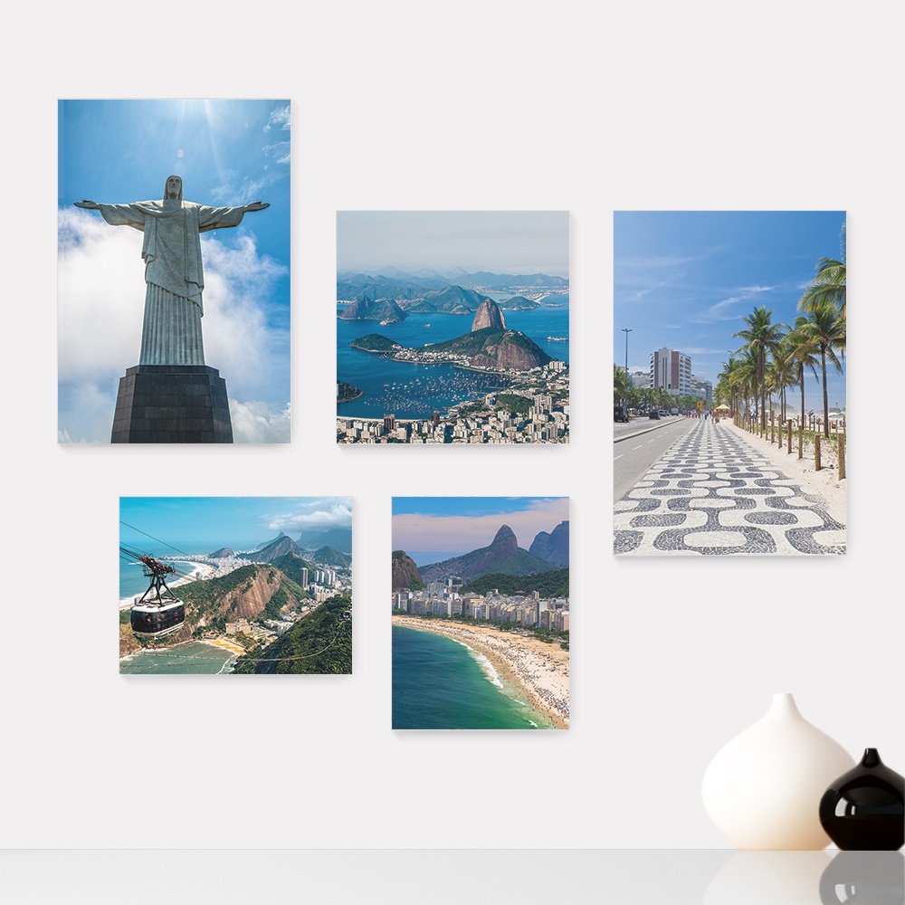 Kit 5 Quadros Decorativos Placas - Rio de Janeiro Cristo Corcovado Viagem Mundo Casa Quarto Sala - 358ktpl5