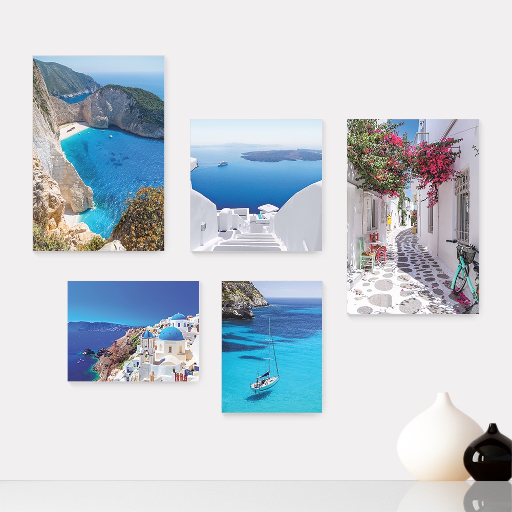 Kit 5 Quadros Decorativos Placas - Grécia Mykonos Santorini Mar Viagem Mundo Casa Quarto Sala - 352ktpl5