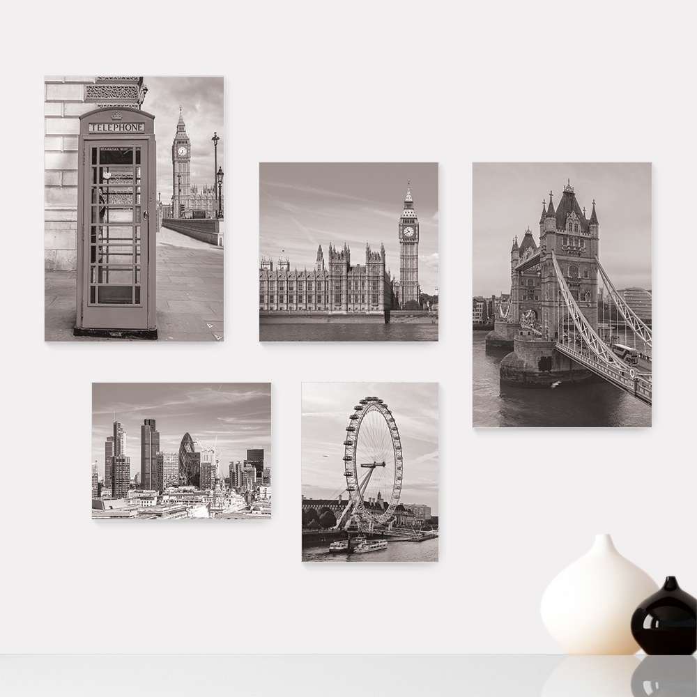 Kit 5 Quadros Decorativos Placas - Londres Inglaterra Viagem Preto e Branco Mundo Casa Quarto Sala - 342ktpl5