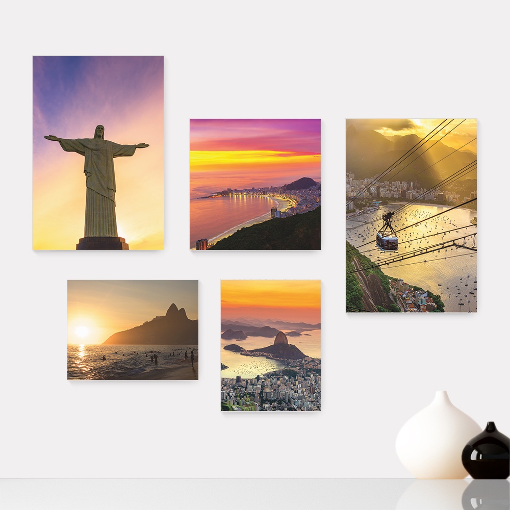 Kit 5 Quadros Decorativos Placas - Rio de Janeiro Cristo Corcovado Viagem Mundo Casa Quarto Sala - 360ktpl5