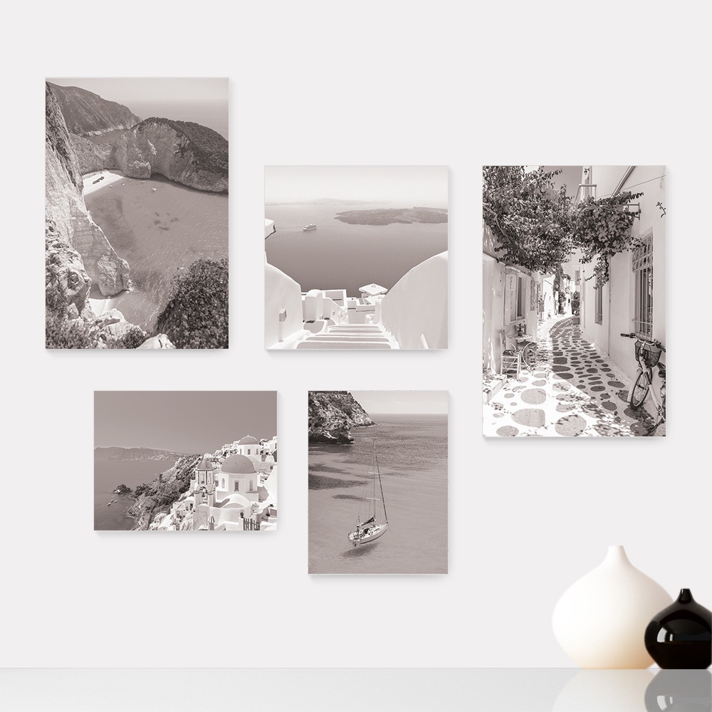 Kit 5 Quadros Decorativos Placas - Grécia Mykonos Santorini Mar Viagem Preto e Branco Mundo Casa Quarto Sala - 353ktpl5