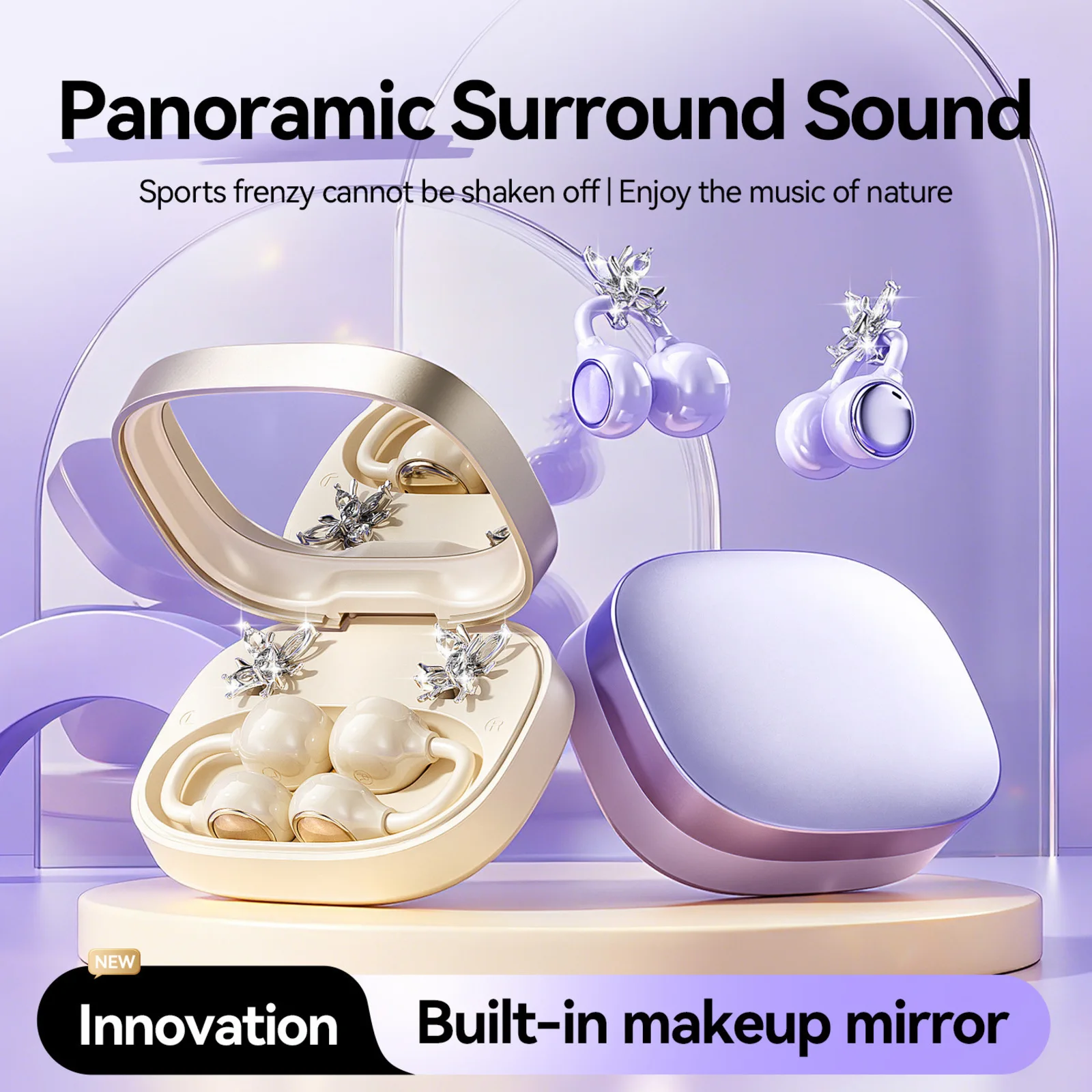 Ear Clip Bluetooth 6.0 Earbuds Support APP Find Device ENC Call Noise Reduction With Makeup Mirror Jewelry Decor For Women Use