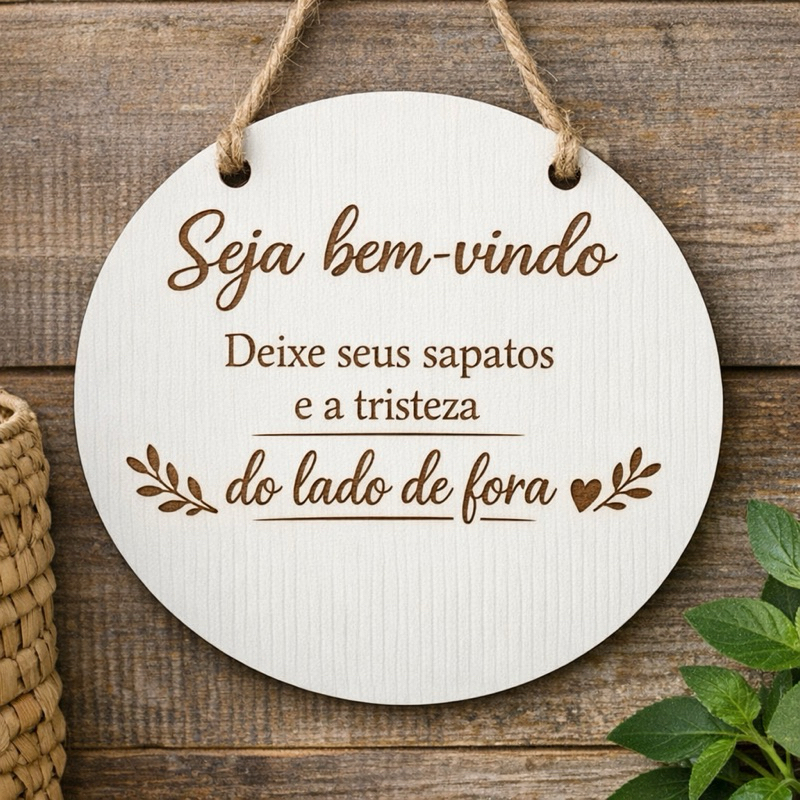 Placa Decorativa MDF Branco Seja Bem-Vindo 15cm Gravação a Laser com Sisal