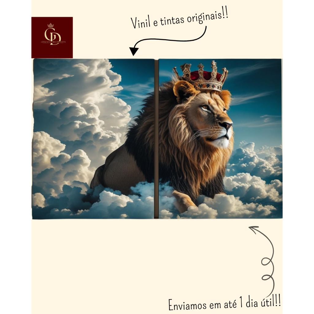 Quadros decorativos 2 peças Tema Leão de Judá no céu - Leão com coroa - Nuvens - Disponível em diver