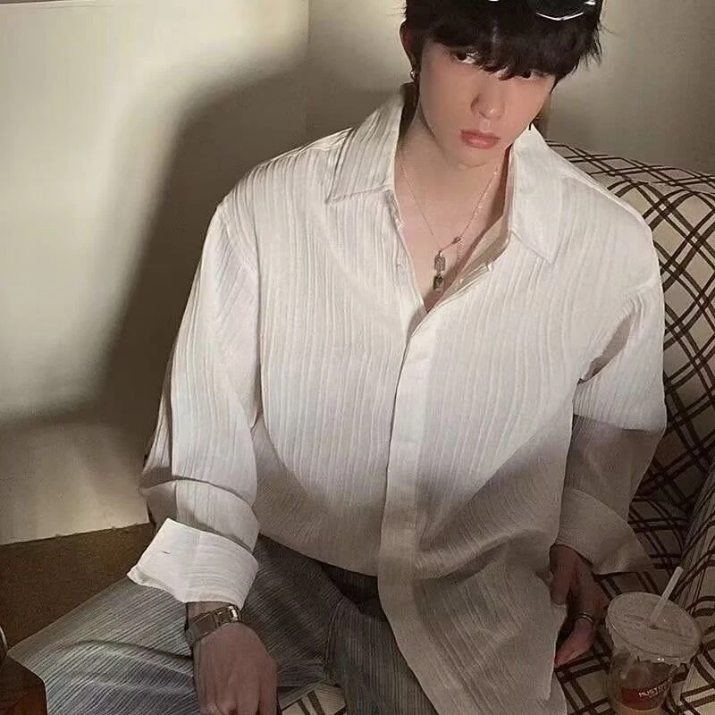 Spring Autumn Striped Pleated Men Long Sleeve Shirt Mature Korean Fashion Business Casual Loose Professional Clothes Black White