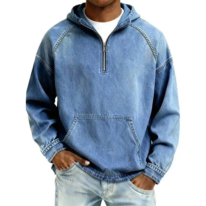 Autumn Men Denim Hooded Sweatshirts Long Sleeve Solid Color Half Zipper Daily Casual Hoodies American Fashion Premium Tops S-4XL