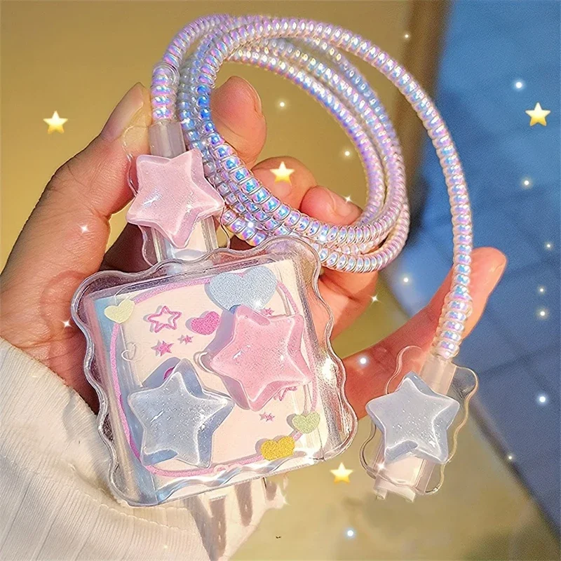 Kawaii Cute 3D Star Love Heart Wave Border USB Protector Cover for IPhone 18/20W Data Line Head Cord Fast Charging Case