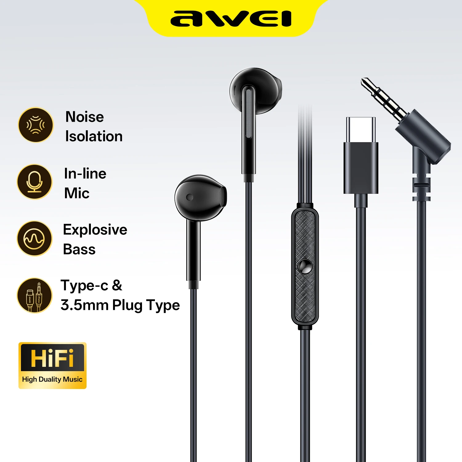 Awei PC-7/PC-7T Wire-controlled Earphone 3.5 mm / Type-C In-ear With Microphone Hands-free Calling Headphone For Xiaomi Samsung