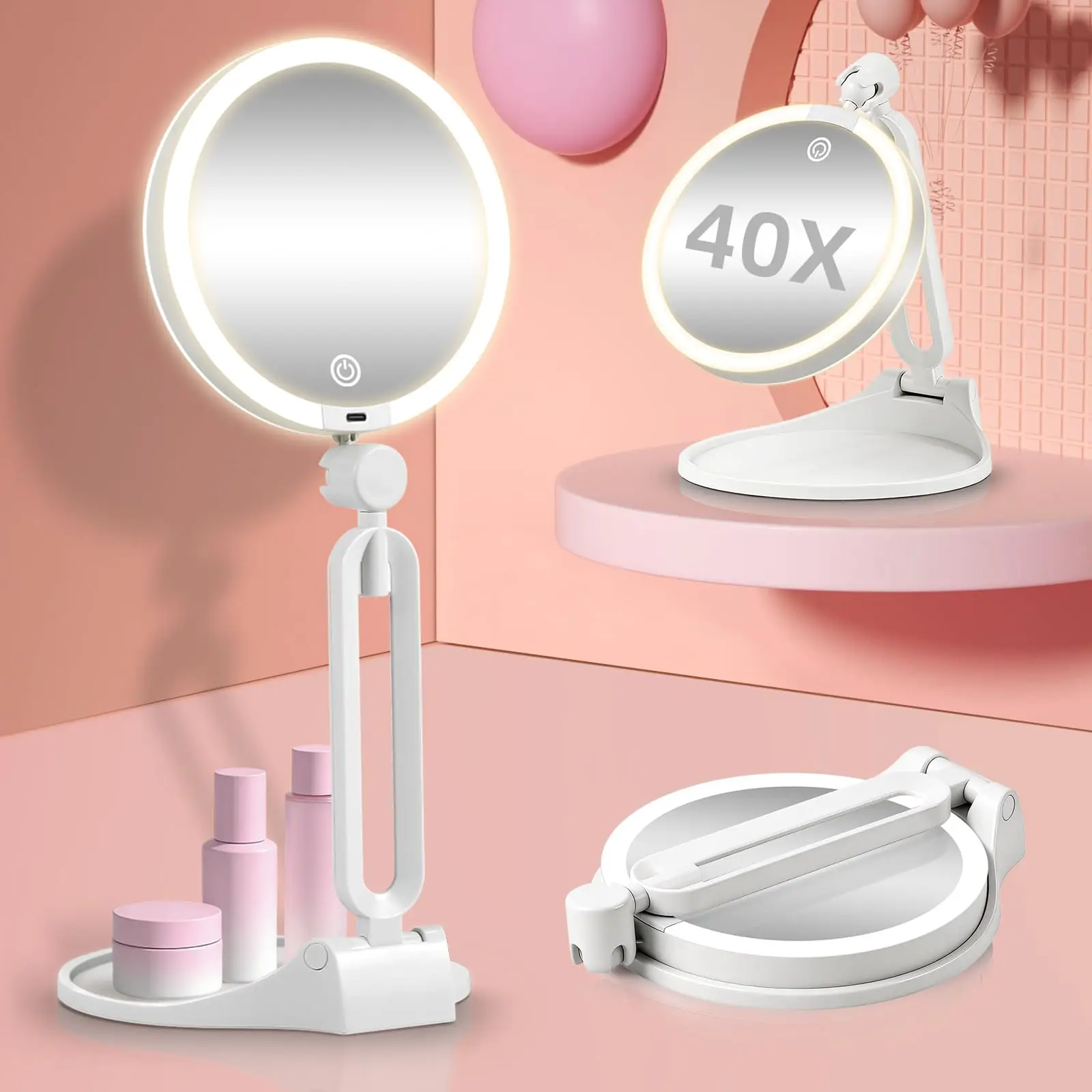 Travel Magnifying Makeup Mirror with Lights, Dual-Sided 1X/40X Lighted Mirror, Rechargeable 3 Color , 6 Inch Foldable Design