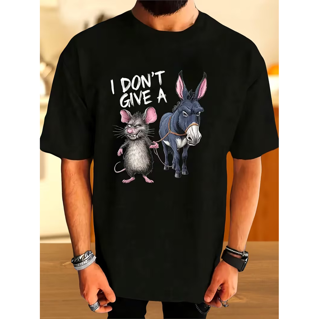 Camiseta T-shirt 100% Algodão I Dont Care Saying Mouse Riding Donkey Graphic Cosplay Casual Confortável Divertida Estilo