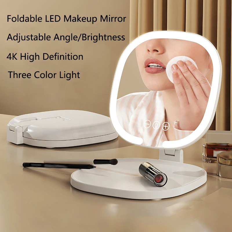 LED Foldable Travel Makeup Mirror Adjustable 3 Colors Light Cosmetic Mirrors 4K HD Touch Screen Dormitory Bedroom Desktop Mirror