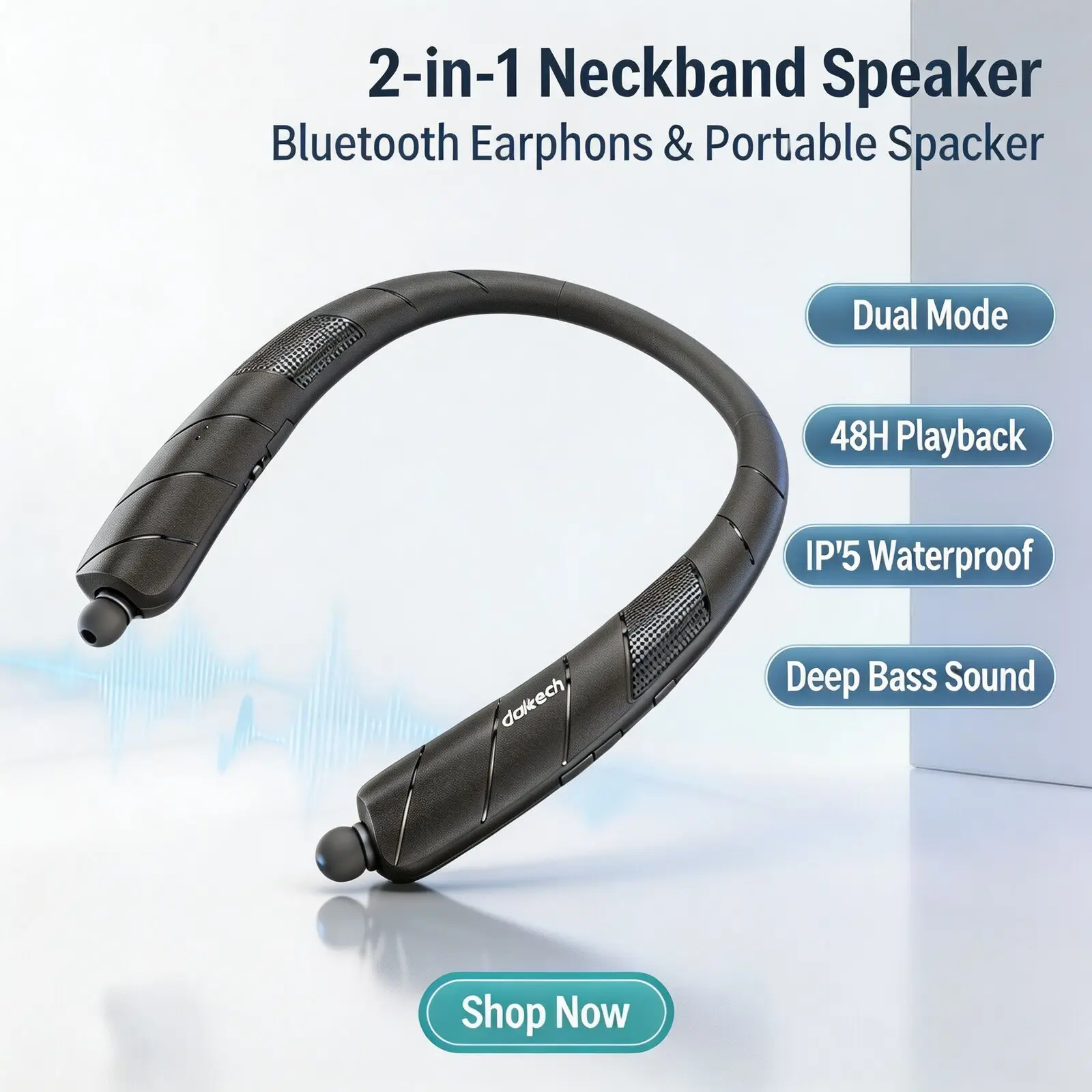 2 in 1 Neckband Bluetooth Headphones IPX5 Waterproof 48H Play Low Latency HD Gaming Wireless Sports Earbuds Convertible Speaker