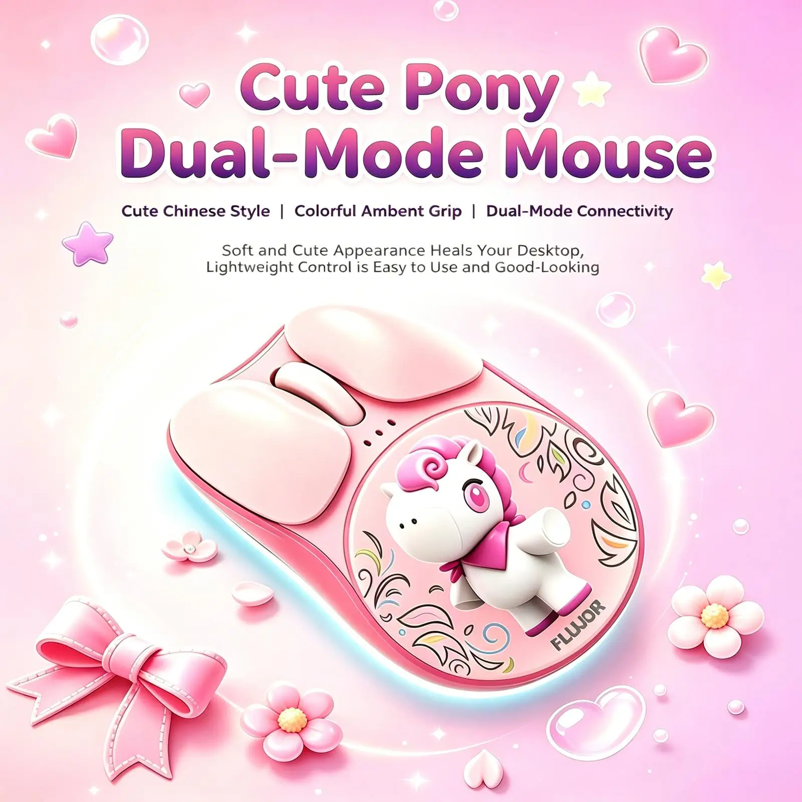 Cute Pony Wireless Mouse Dual-Mode 2.4G+Bluetooth 400mAh Long Standby Lightweight ABS Mice for PC Tablet Phone Office Daily Use