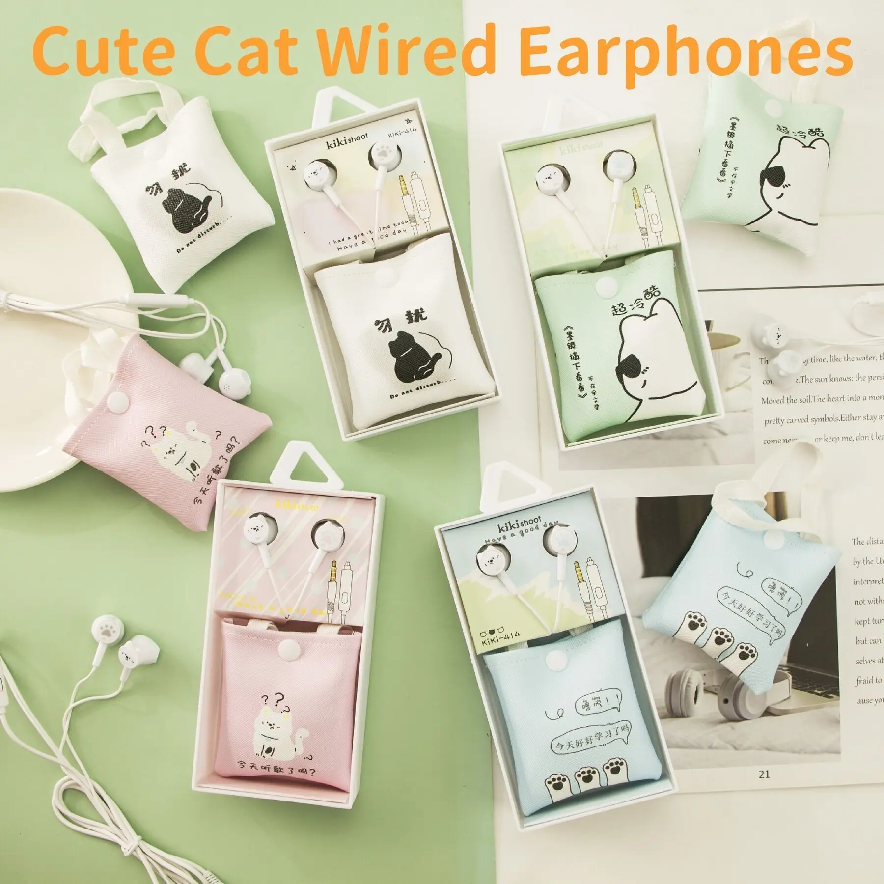 Cute Cat Wired In-Ear Earphones Cartoon Mini Girls' Earbuds With Cartoon Storage Bag Set Gaming Headphones For Student Girl Gift