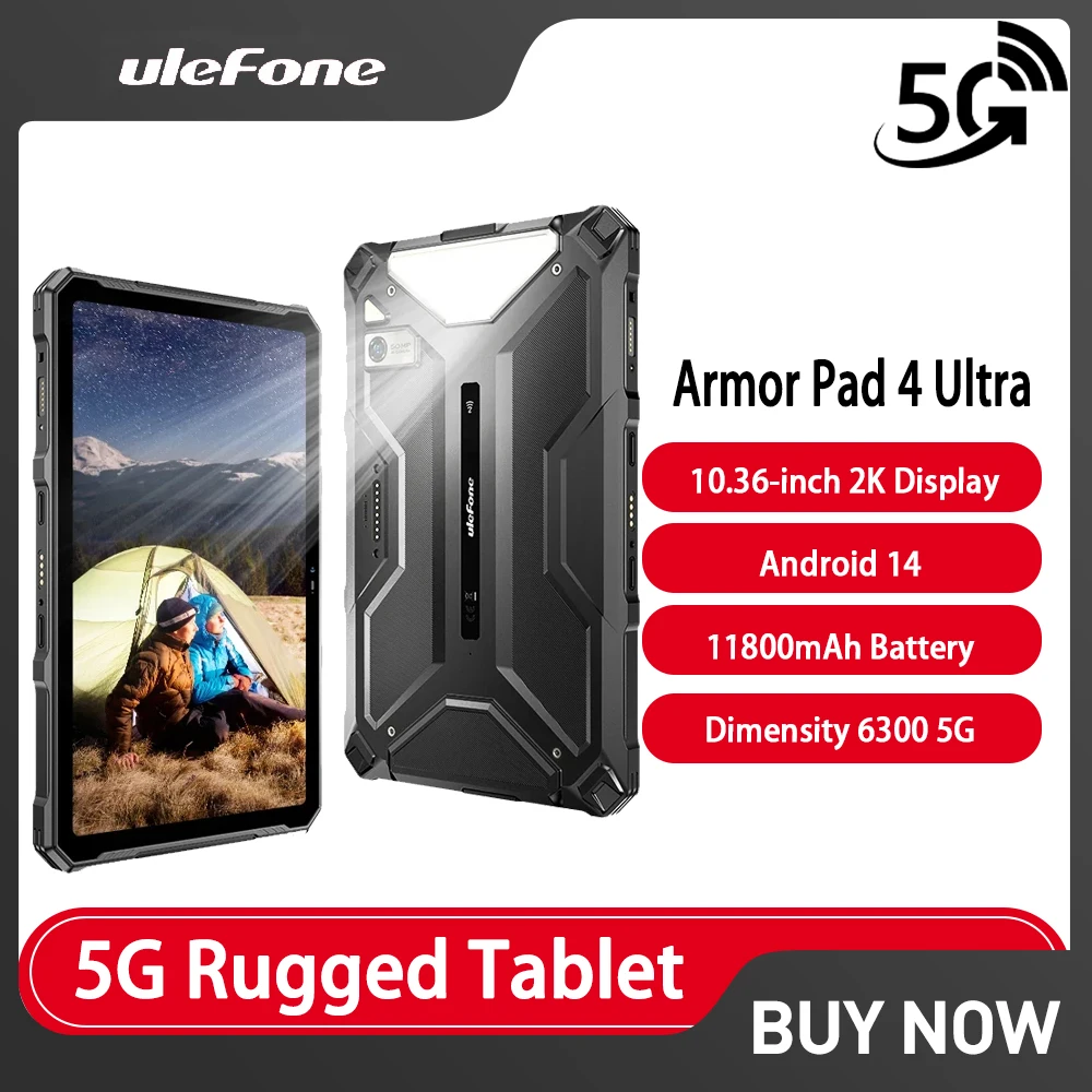 Ulefone Armor Pad 4 Ultra 5G Rugged Tablet Android IP68/IP69K Smart Pad 11800mAh 8GB+256GB 10.36” LED Light Tablets PC Fashion