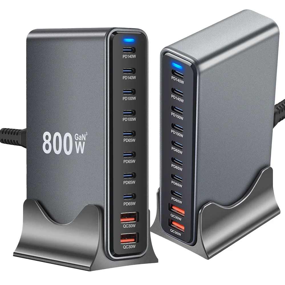 New Desktop Fast Charger Station 800W GaN USB-C PD 10-Port Charger Dual 140W PD3.1 Fast Charging Adapters for Mobile & Tablets