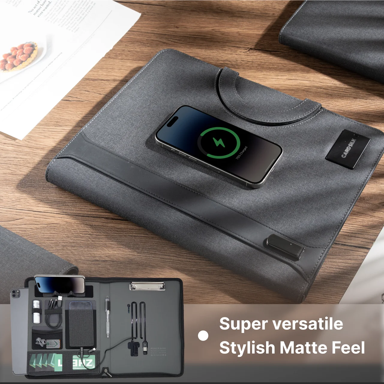 Leather Padfolio with Wireless Charging, Hidden Handle & Clipboard – Business Organizer Folder with Notepad, Tablet Holder