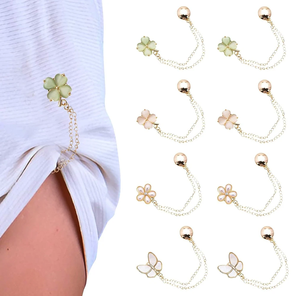 4pcs Multi-Function Magnetic Clothing Clips Pins with Decorative Chain Shortening Adjusters for Shirt Sleeves T-Shirt Hems Colla
