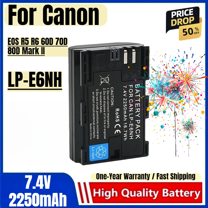 LP-E6NH Battery 7.4V 2250mAh Rechargeable Batteries and Charger for Canon EOS R5 R6 60D 70D 80D Mark II Camera Battery