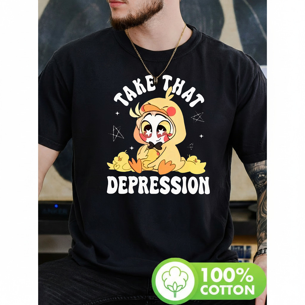 Camiseta Masculina Take That Depression com personagem de pato e patinho estampa moderna atemporal estilosa casual