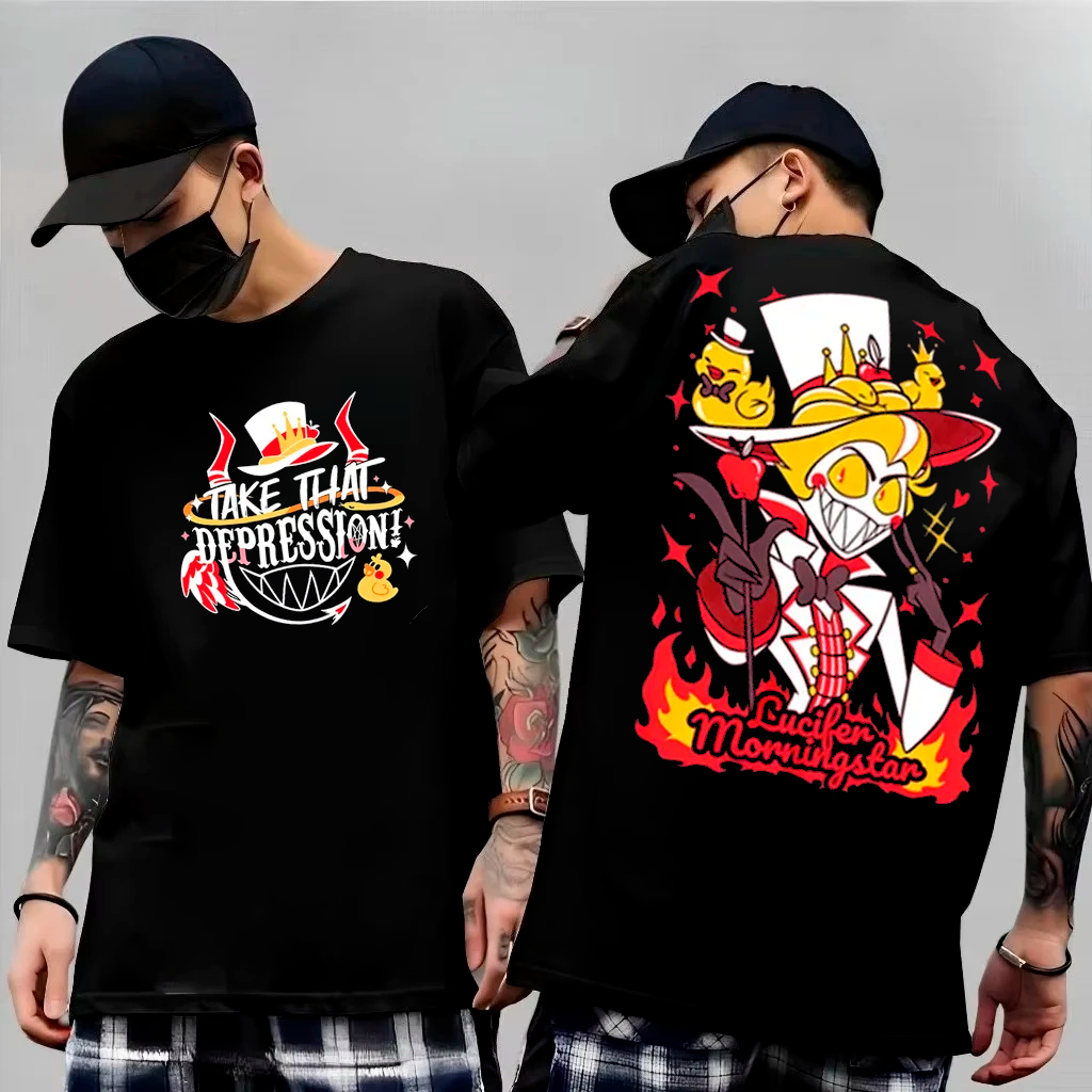 Camiseta Basica e OVERSIZED Take That Depression Lucifer Morningstar Hotel Hazbin Anime Unissex