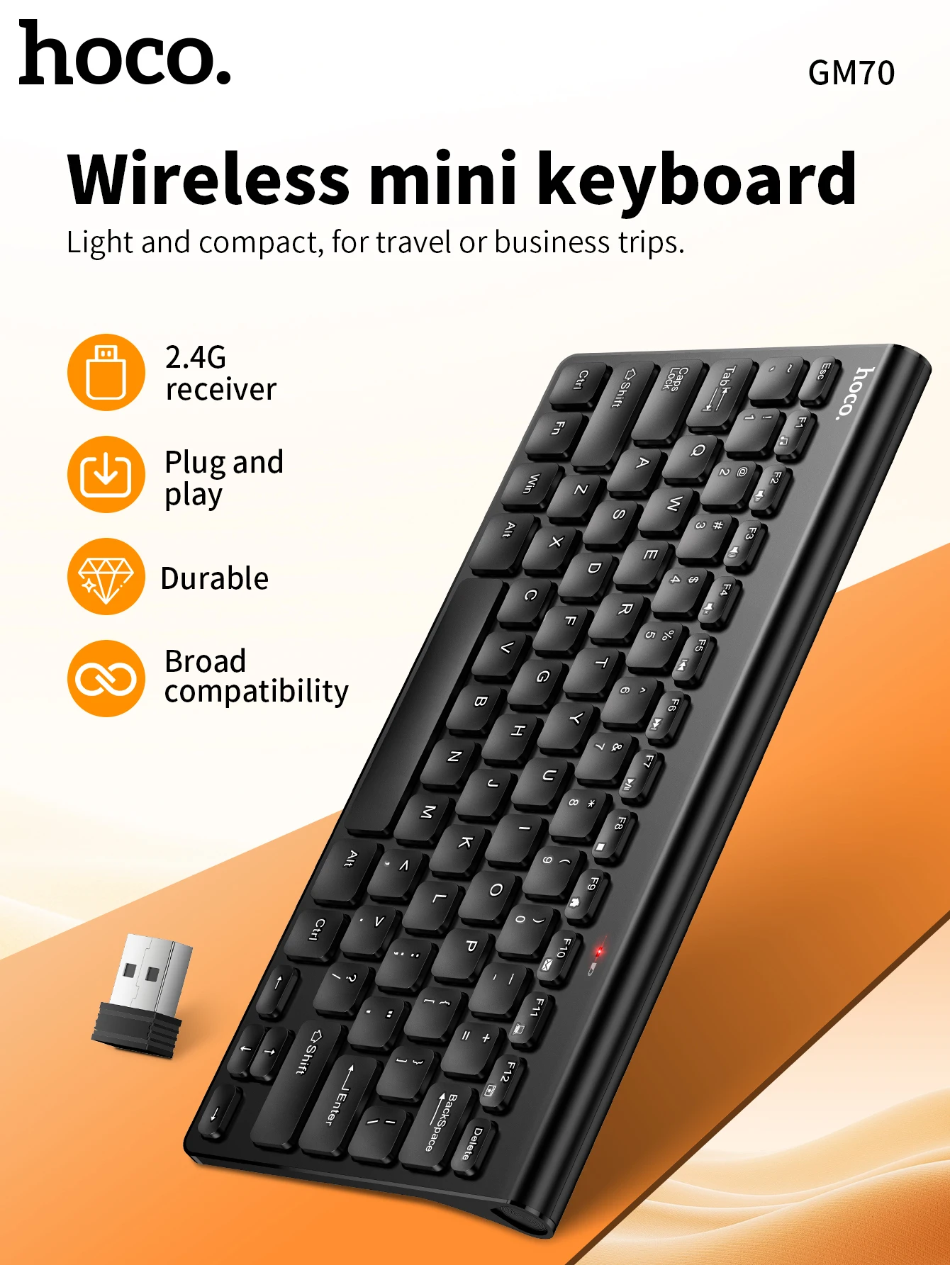 HOCO Portable 2.4G Wireless Mini USB Keyboard For PC/Laptop 78 Keys Ergonomics Wireless Business Keyboard For Windows 11/10/7/8