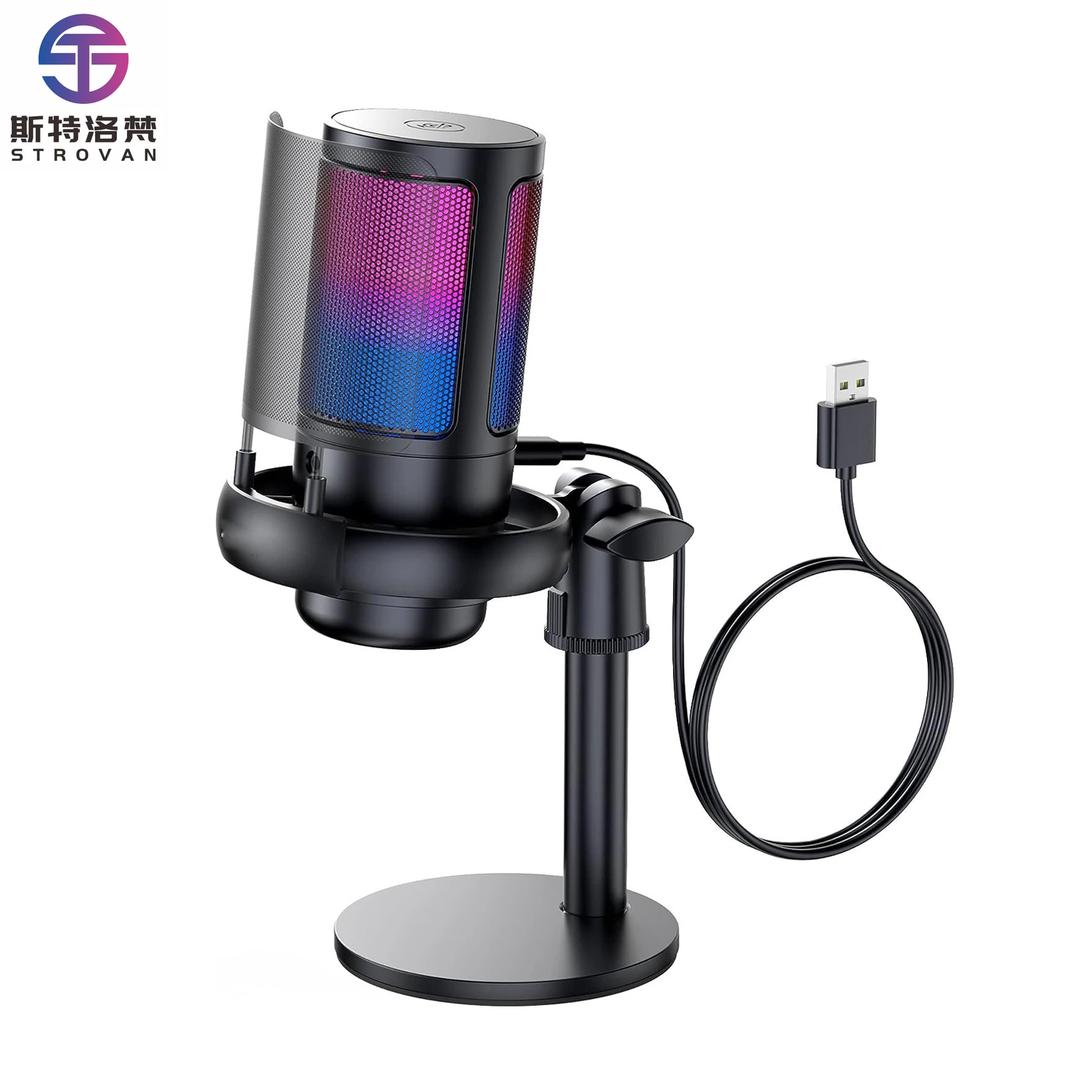 USB Professional Recording Desktop Podcast Condenser RGB Light Metal Microphone for PC Computer Laptop for Teaching