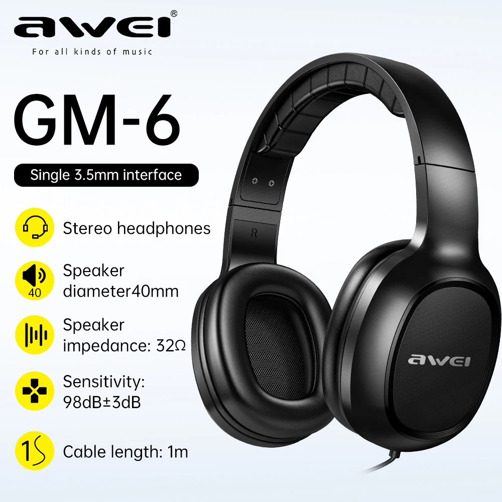 Awei GM-6 Wired Professional Headphone with Wire Control Game Wired Headset With Mic 3.5mm AUX Plug For PC Computer Laptop