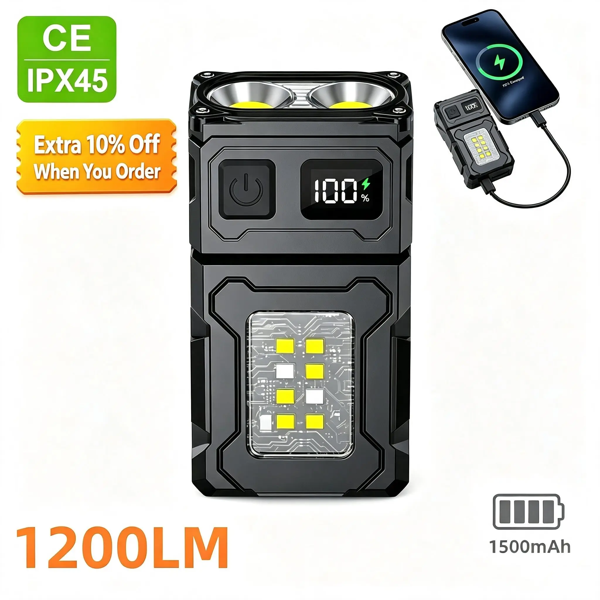 COB LED Rechargeable Flashlight 8 Modes Work Light 180° Rotating Mini IPX45 Waterproof EDC Flashlight Car Repair, Emergencies