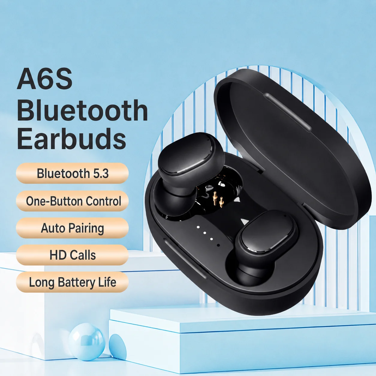 A6S In-Ear Bluetooth Earphones 5.0 MINI Wireless TWS Noise Cancelling Dual-Ear Ultra-Long Battery Life, Compatible with Xiaomi