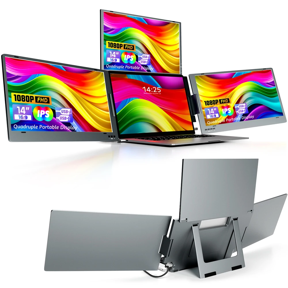 2025 New Product 14 Inch Triple  Portable Gaming Laptop IPS 1080P Screen Type-C Triple Quadruple Screen Extender Business
