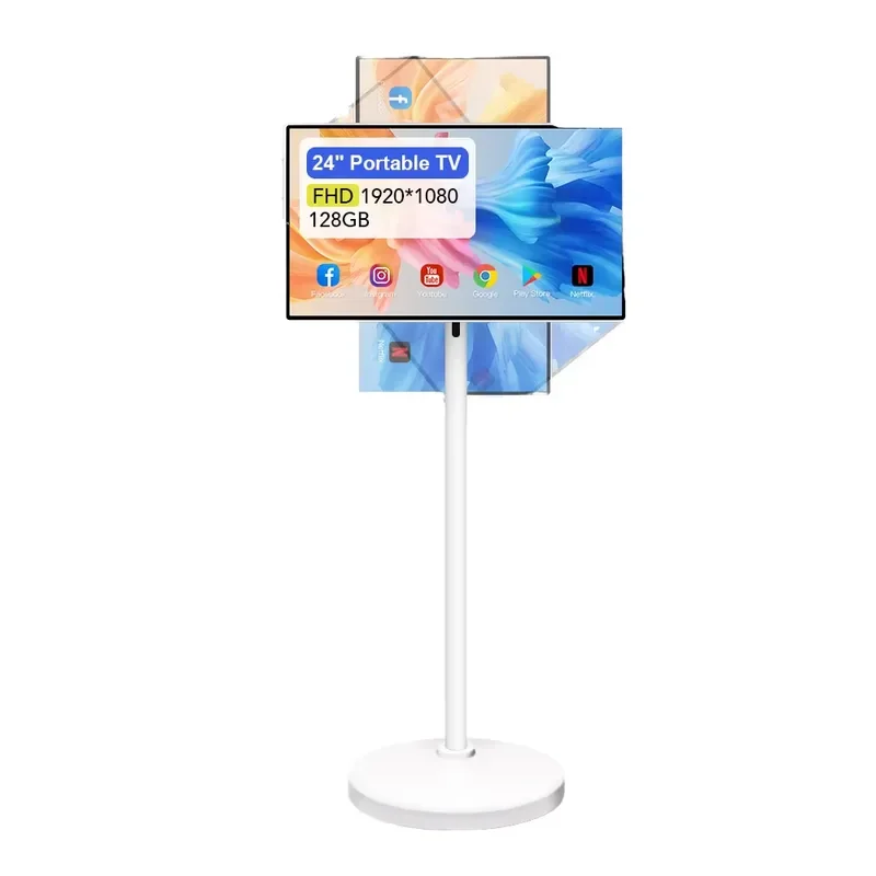 24 Inch Android Smart TV Portable LED Monitor White Movable Display Stand for Home Kitchen Bedroom Living Room Entertainment