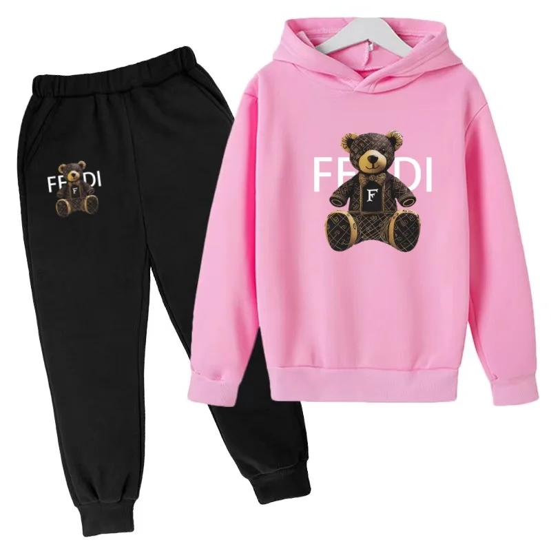 Kids Pullover Autumn Clothes Hoodie Letters Bear Coat Boy Girl 3-12 Years Pink Sweatshirt+Pants Two-piece Set Leisure Sports Set
