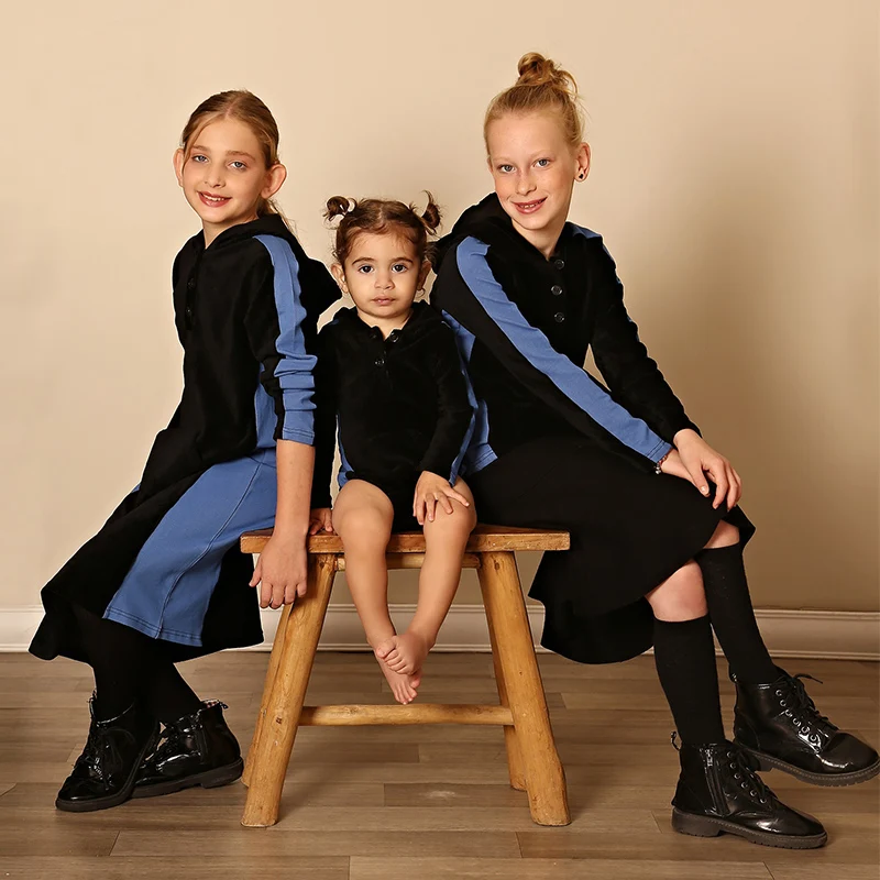 Kids Shirt Black Corduroy Dress Side Denim Panel Long Sleeves Boy/Girls T-Shirt Cangroo Pocket Family Set Outfit Hoodie Clothing
