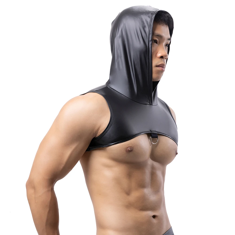 Men Faux Leather Hooded Fitness Tank Tops Chest Harness Hoodies Crop Tops Black Muscles Vest Metal Ring Decor Sleeveless