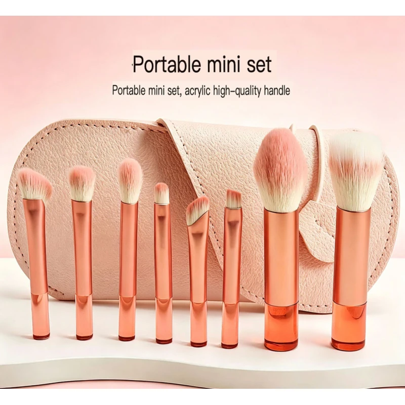 Mini Brush Set 8 Pieces With Transparent Crystal Handles, Travel Portable Makeup Tools For Beginners, Complete Beauty
