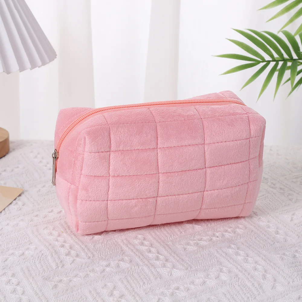 Portable Large Capacity Zipper Cosmetic Organizer Ladies Travel Daily Beauty Tool Storage Soft Flannel Grid Stitched Makeup Bag