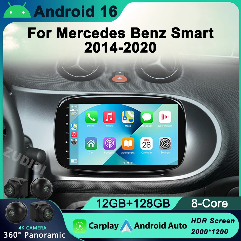 Android 16 For Mercedes Smart 453 Fortwo 2014 - 2020 Autoradio Multimedia Player QLED 1280*720 Screen Carplay Car Radio 2Din DVD