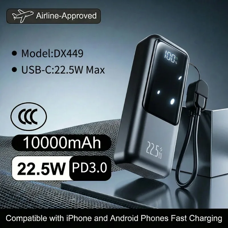 20000mAh 22.5W Power Bank Fast Charging Portable Charger Built-in Type-C Cable PD QC3.0 External Battery Pack for IPhone Samsung