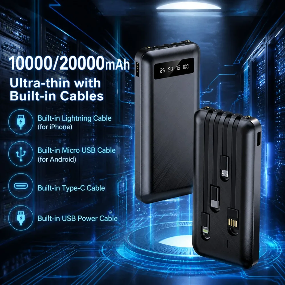 10000/20000mAh Portable Charger Power Bank with Built-in 4 Cables Digital Display Airline Carry-on For iPhone Android Type-C