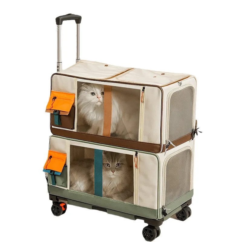 Large capacity cat air case, pet double cat suitcase cat bag going out portable trolley case