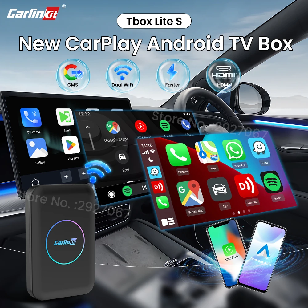 CarlinKit Android TV Box Wireless Android Auto CarPlay Adapter with HDMI USB A 5 in 1 Smart Car Ai Box for OEM Car Dual Wifi GMS