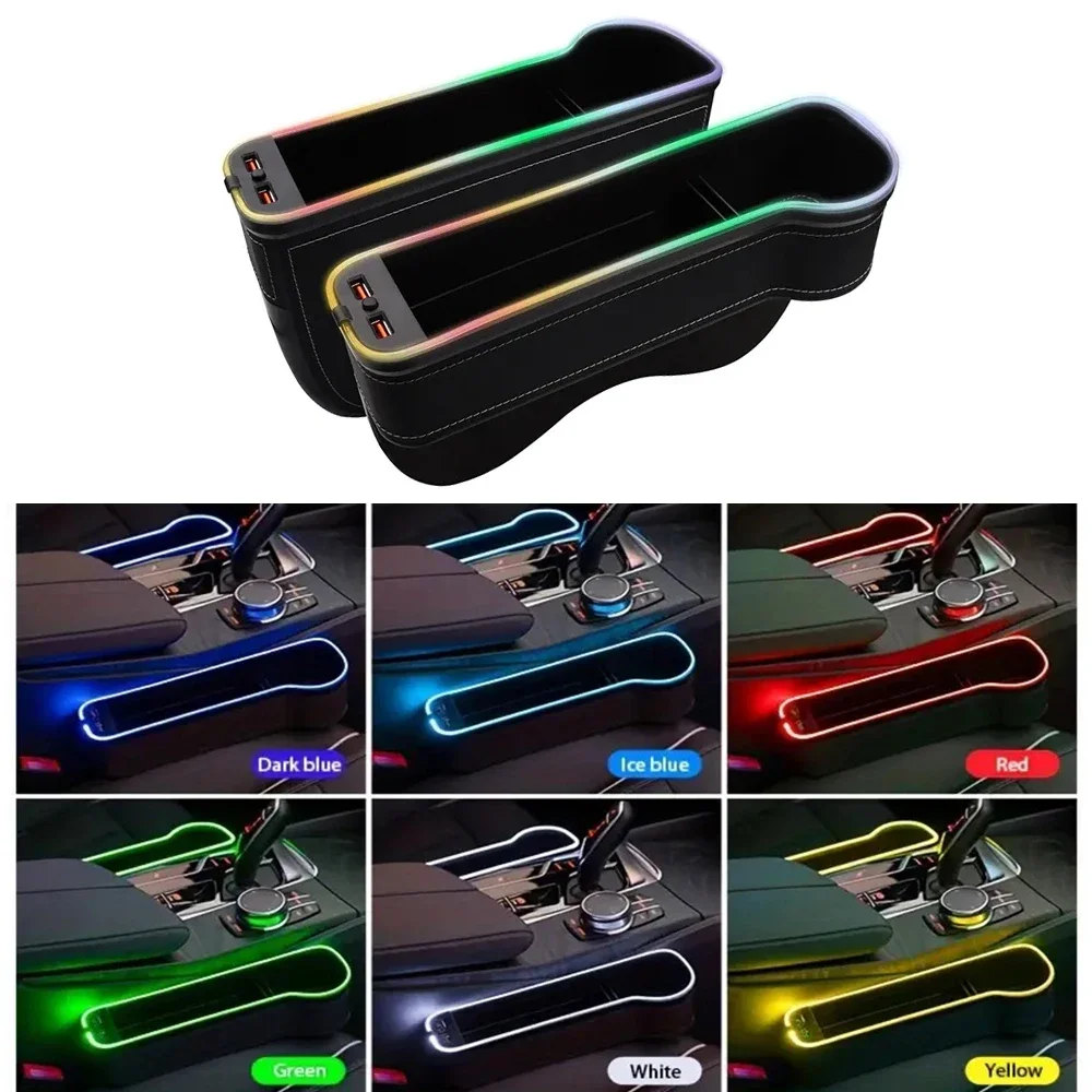 Car Seat Gap Filler Organizer with Cup Holder & Color-Changing LED Light - 2 USB Charger, Car Storage Accessories