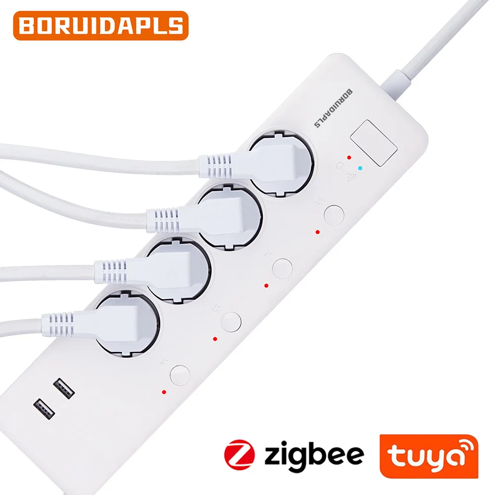 BORUIDAPLS Zigbee Multi-function Power Board 16A 4AC Independent Socket Plug 2USB Voice Control Works With Tuya Smart Life H-ue
