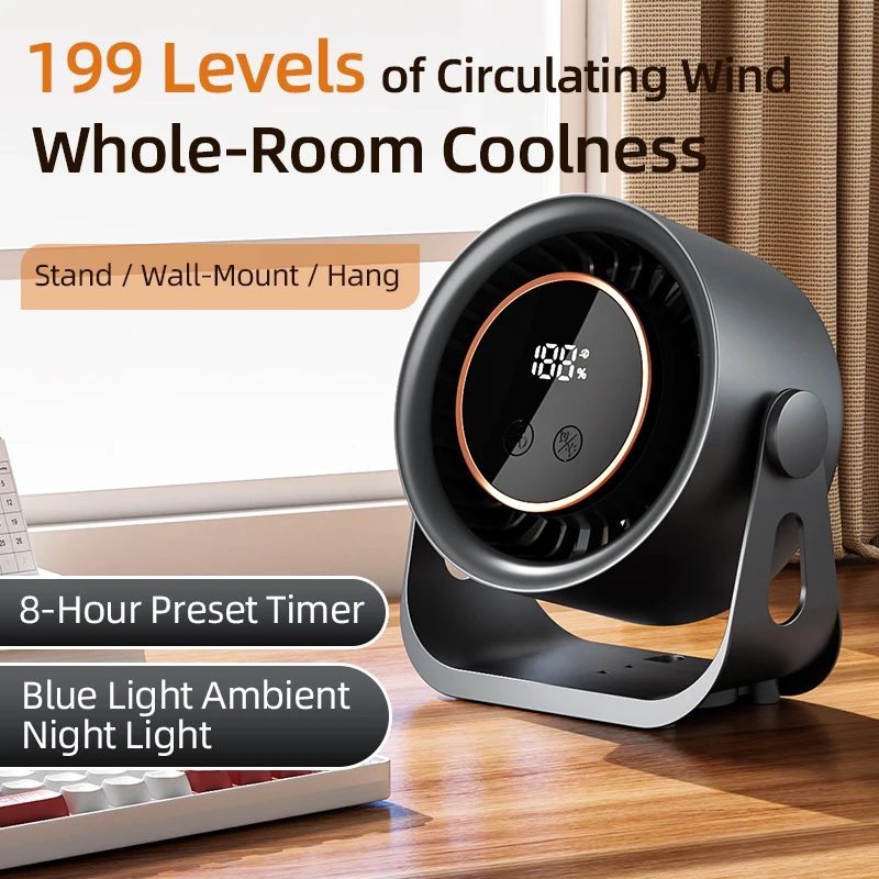 USB Rechargeable Camping Fan 199 Speed Adjustable Hanging Wall Mount Desktop Air Circulator Fan with Night Light Summer Clip-on